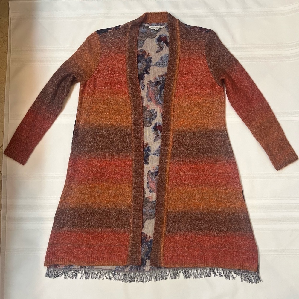 John Mark Open Duster‎ Cardigan Sweater Ombre Front Floral Fringe Boho Sz S EUC - Picture 3 of 13